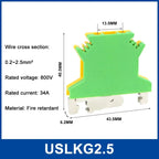 5Pcs USLKG-2.5/3/5/6/10N Terminal Block UK Yellow Green Ground Terminal Block Two-color 34A-101A 800V Rail Ground Terminal Block