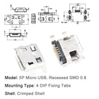 100/1000PCS Micro USB Android Female Charging Socket, Flat Edge Crimped Type, 5Pin, 4 Mounting Pins, SMD & DIP Tail Connector