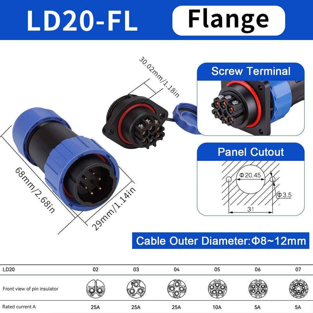 Waterproof IP68 Aviation Plug LD20-2/3/4/5/6/7 Pin No-welding Screw crimp Wire cable Connector Male Plug and Female Socket