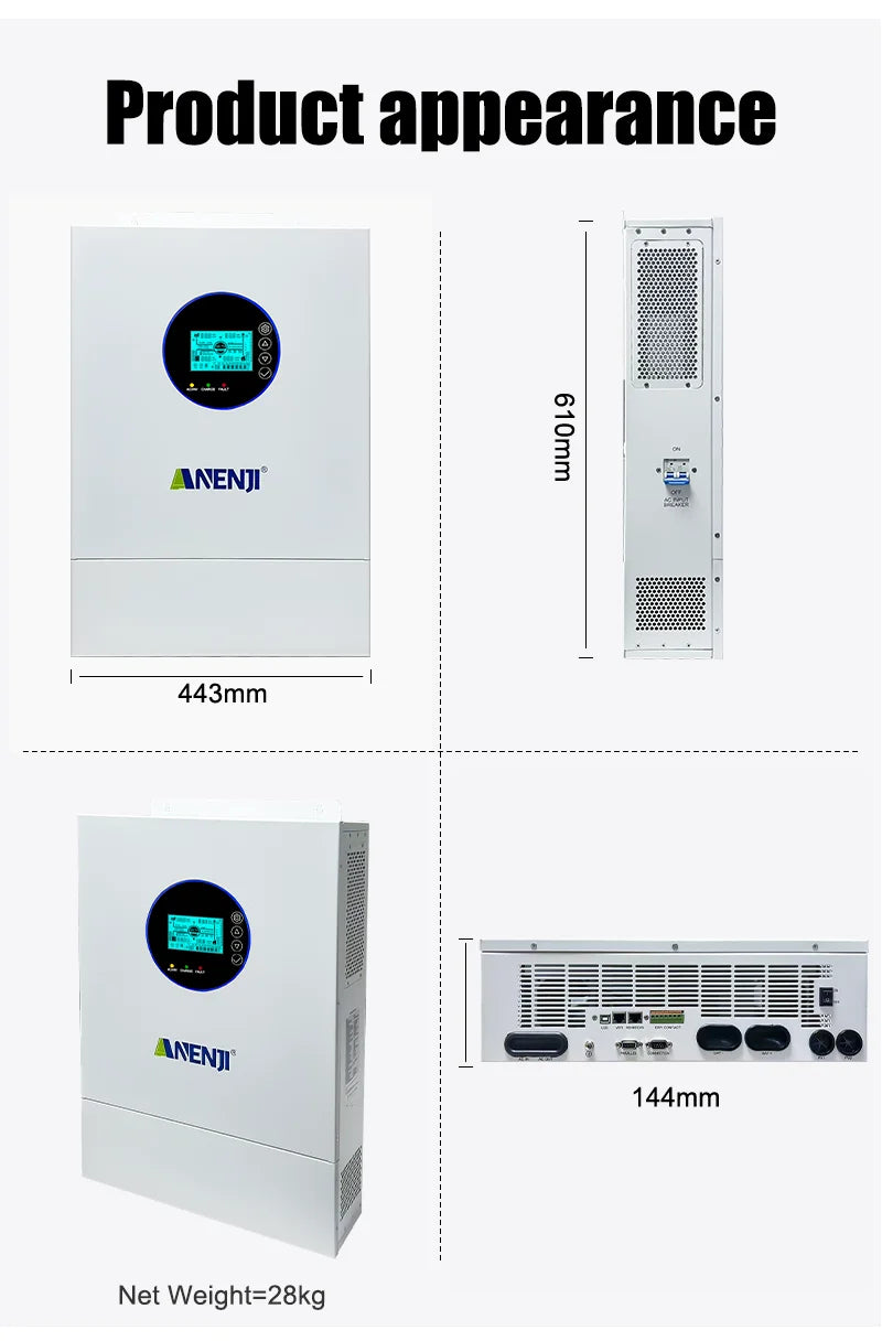 ANENJI Split Phase 12KW 48V Hybrid Solar Inverter Parallel Inverter Pure Sine 120V 220V On Grid MPPT 200A Solar Charger PV 500V