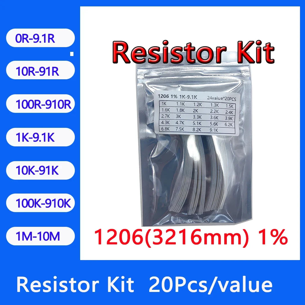 Resistor kit 1206 3216mm smd Resistor package 24values*20PCS=480PCS 1% Sample Kit Resisor