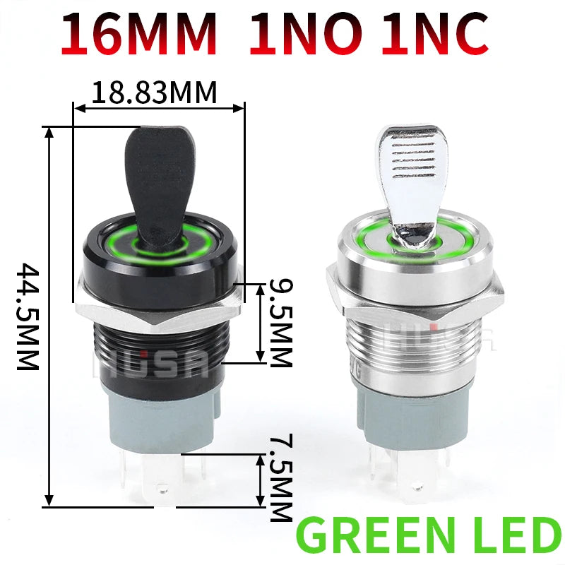 16MM  Self-locking ON-OFF Slide Power High Current Metal Toggle Switch Waterproof Push Button 2 Positions 1NO1NC Illuminated Led
