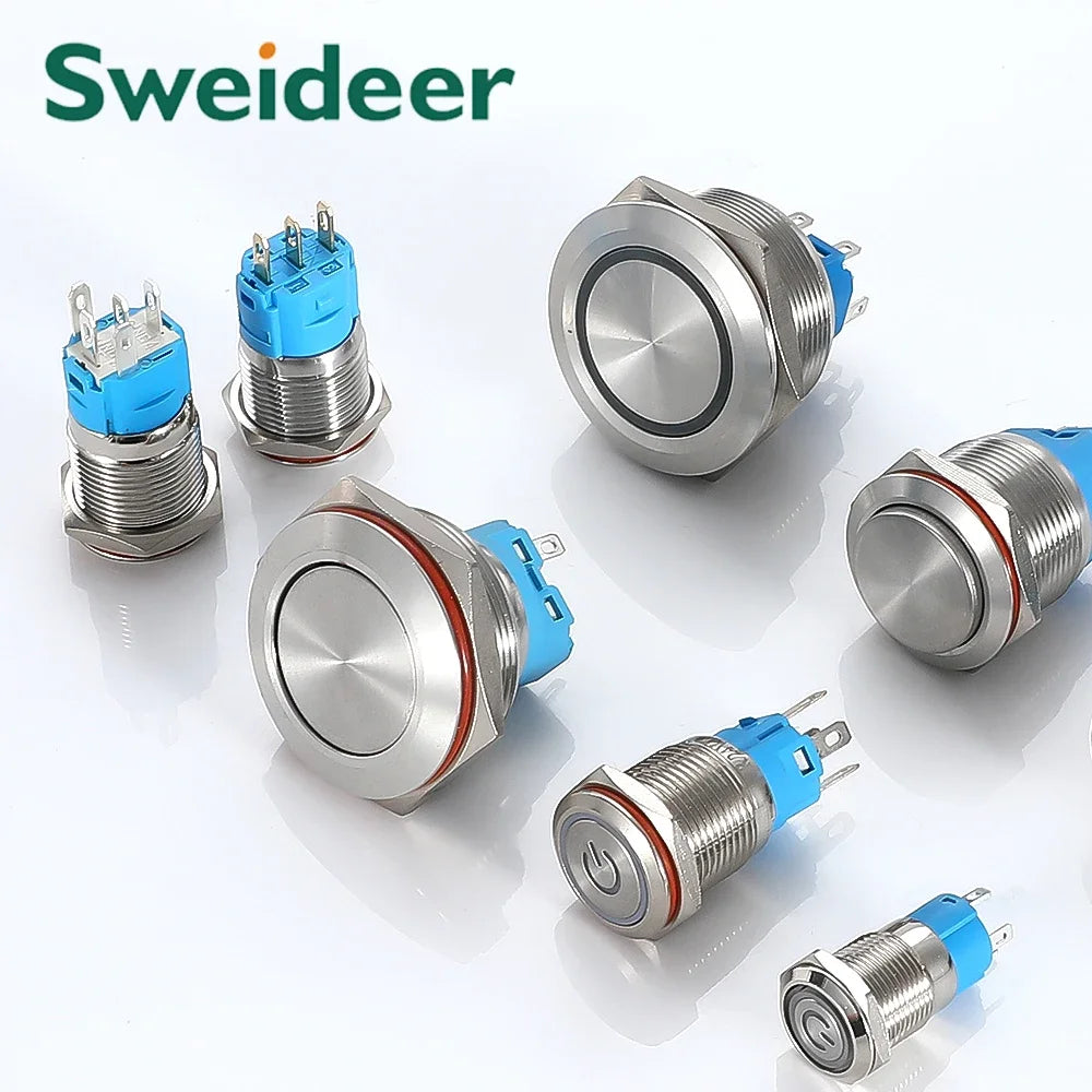 12/16mm Flat LED Illuminated Reset Latching Ring LED Metal Push Button Switch Waterproof On Off with Power Symbol