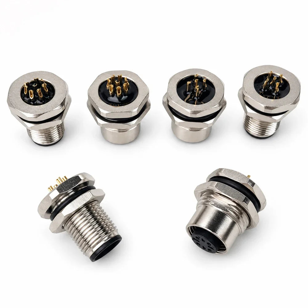 M12 PCB Sensor Connector 4/5/8/12 Pin Male Female Waterproof Circular Socket Front Mount Threaded Nut Flange for Electronics