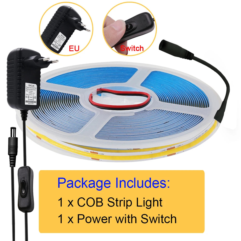 New 12V COB Led Strip With Switch Power Kit US EU UK AU Plug Flexible Light Tape Ra90 320 Leds High Density Linear Lighting