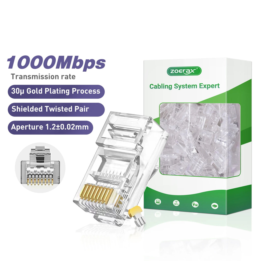 ZoeRax 100-PACK CAT6A CAT6 CAT5E Pass Through Connector Ethernet Connectors UTP Network Plug for Solid Wire and Standard Cable