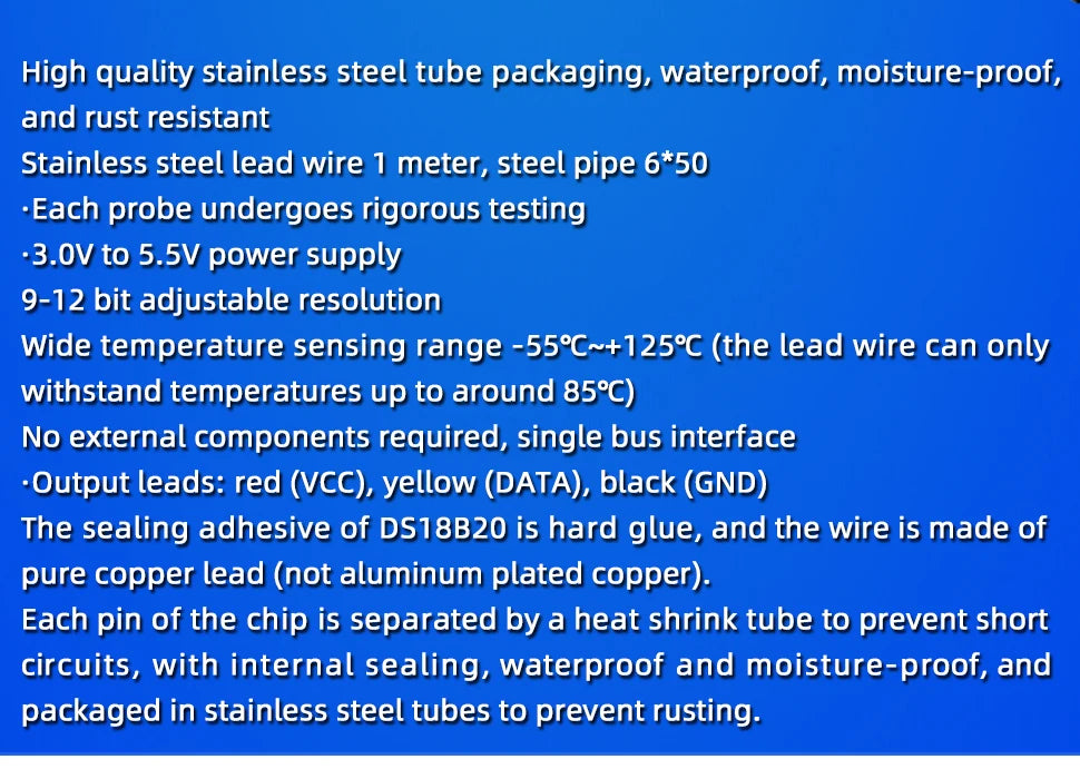 1PCS DS18B20 Temperature Probe Sensor Stainless Steel Package Waterproof Digital Temperature Sensor 1M/2M/3M