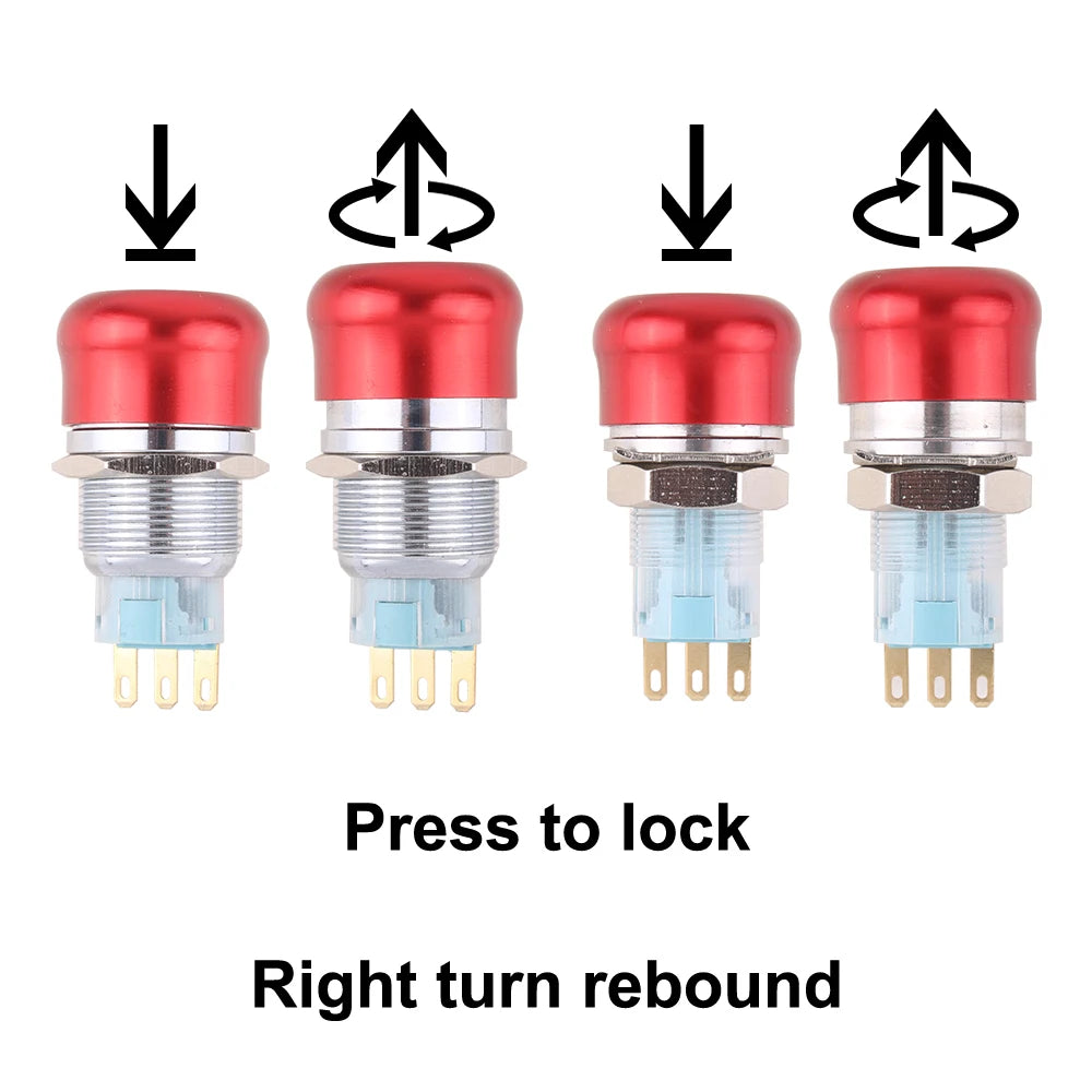 16mm 19mm 22mm 1NO1NC 2NO2NC Metal Waterproof aluminum Push Button Switch mushroom emergency STOP latching press button