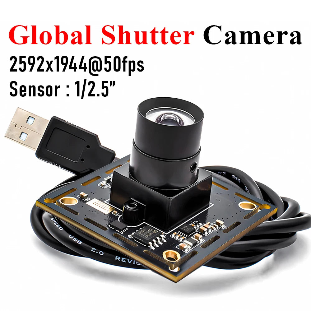 5MP 50FPS Global Shutter USB Camera Module 1/2.5" With No Distortion Lens Machine Vision Industrial High-Speed Capture HD Camera