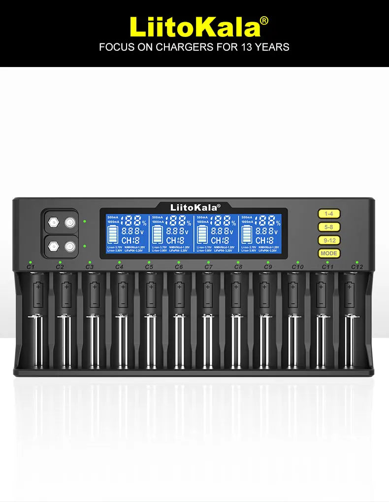 LiitoKala LiI-S12 Smart Charger 14 Slots - CE Certified Universal Charger for Li-ion/LiFePO4/Ni-MH/9V Batteries 18650, 26650, AA