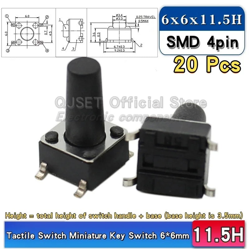 20pcs SMD Tactile Switch 6*6*4.3mm 6x6x5/6/7/8/9/10/11/12/13/14mm 6X6 4-Pin SMT Induction Oven Touch Tactile Button Micro Switch