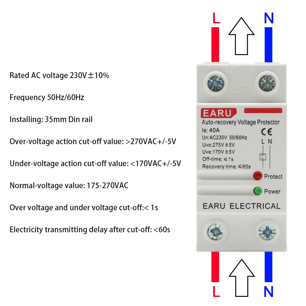 40A 63A 230V Din Rail Automatic Recovery Reconnect Over Voltage Under Voltage Protective Device Protection Relay