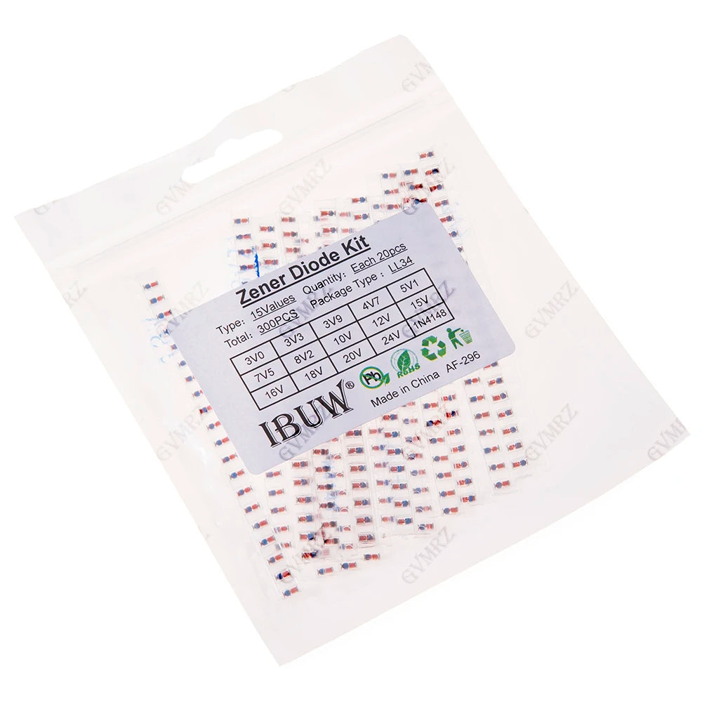 300PCS 16Values Zener Diode Kit 3V0-24V 1N4148 LL34 for Voltage Regulation Projects 3V0 3V3 3V9 4V7 16V 24V 18V 20V 7V5 8V2