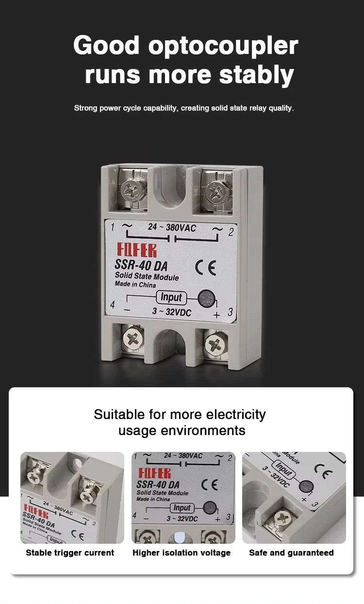 10A SSR 25A Solid State Relay 40A Output 3-32VDC 24-480VAC 220V Single Phase DC TO AC 40A Relay SSR HeatSink SSR 40DA