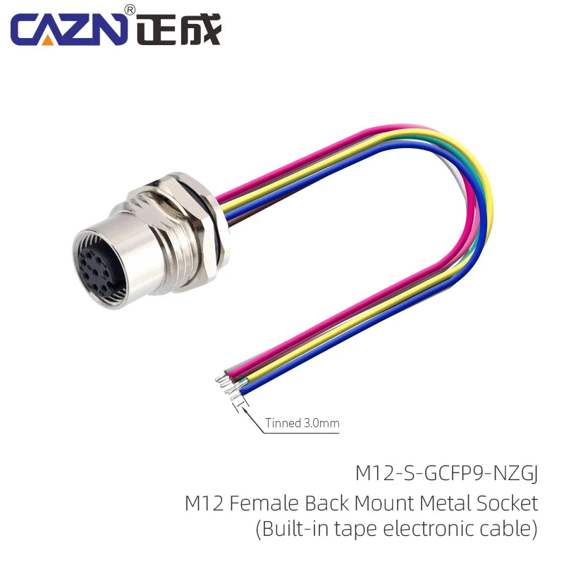 M12 Panel Male Female  Metal Front Mount Socket Solder 4 6 8 12 Pin Receptacle Straight Circular Connectors With 30cm Wires