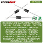 TVS Diode DO-201AD 28 Values 1.5KE400CA 1.5KE200A 1.5KE440CA 1.5KE400A 1.5KE18A 1.5KE12A 1.5KE440A 1.5KE12CA 1.5KE15CA 1.5KE15A