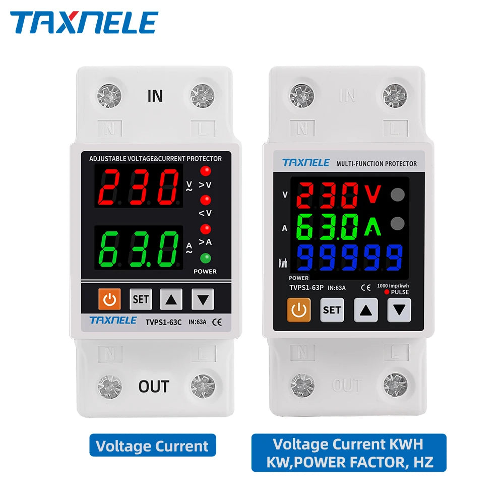 63A 230V Din Rail Adjustable Over Under Voltage Protective Device Protector Relay Over Current Protection Energy KWH Meter