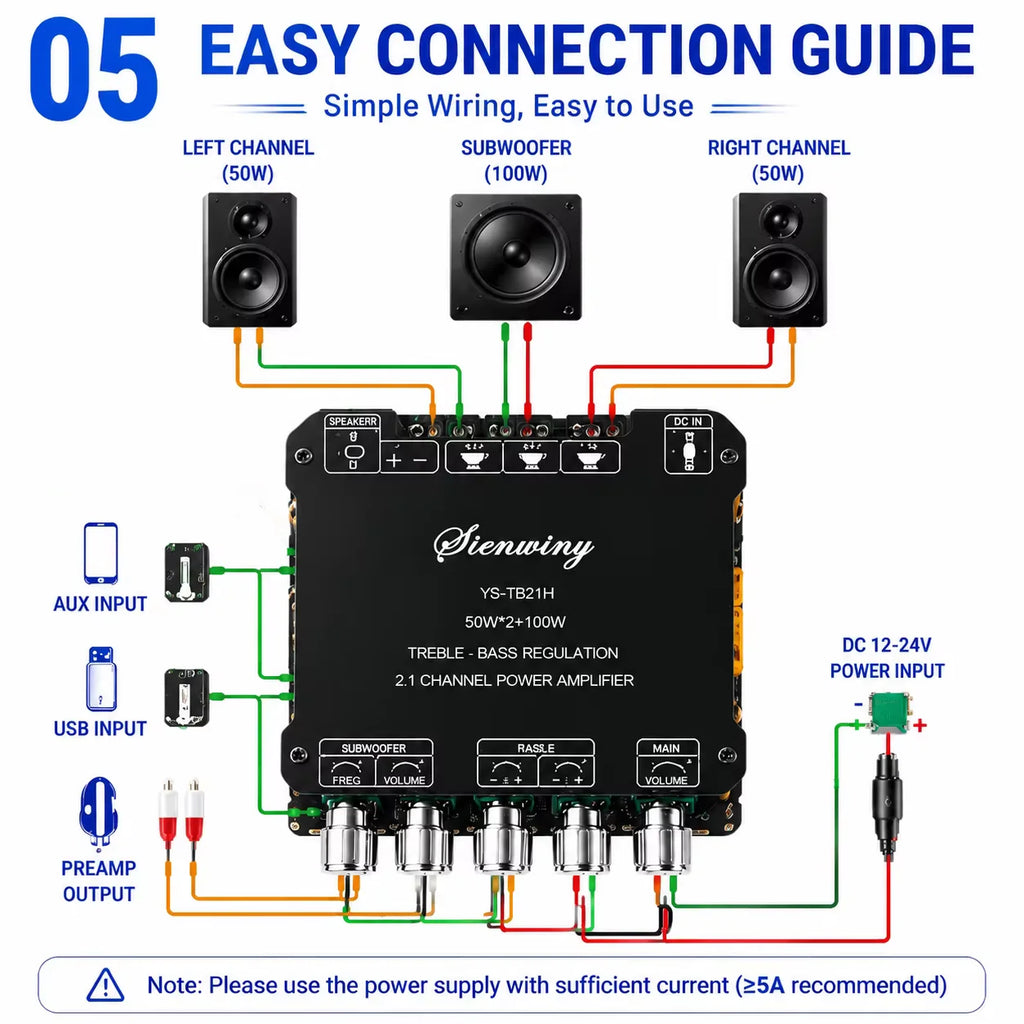 2.1CH Bluetooth Amplifier Board 200W Class D 50W*2+100W Subwoofer Bass Treble USB APP MIC KTV DC12-24V HiFi DIY Speaker