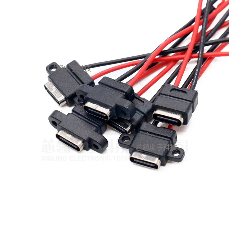 2/10/50pcs USB Type-C Welded Female Socket 2P Charging Female with Cable Waterproof TYPE-C Female Head DIY with Mounting Hole