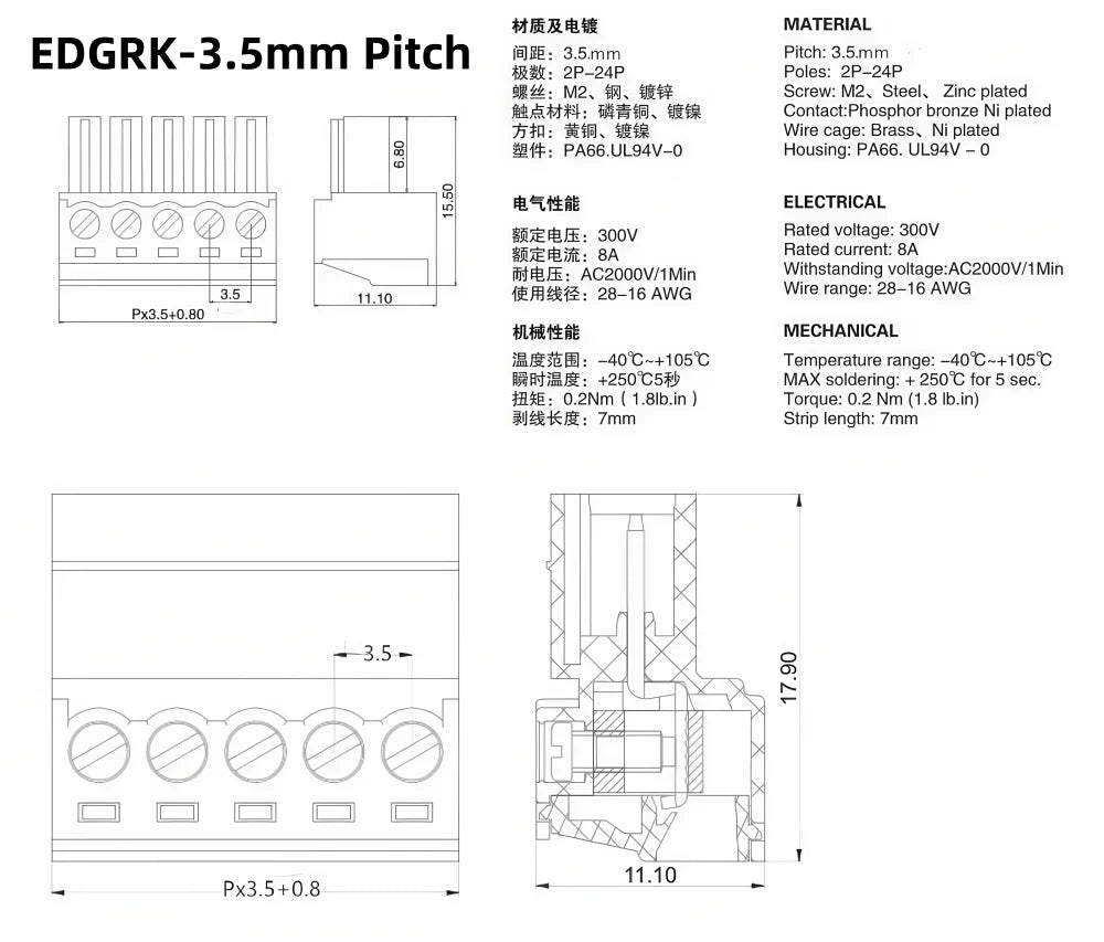 1set 2EDGRK 2.54mm 3.5mm 3.81mm 5.08mm 7.62mm Pitch 15EDGRK 2P 3P 4P 5P 6P~12PIN Solderless Docking Type PCB Terminal Connector