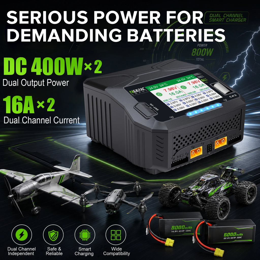 HTRC H6X2AC Dual Channel Battery Charger DC 400WX2 AC300W 16AX2 for 1S~6S Lipo Li-ion LiFe LiHV LTO NiMh RC Battery Fast Charge