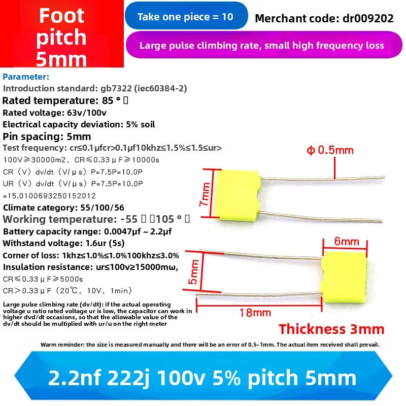 10PCS 100V Correction Capacitor Polypropylene Safety Plastic Film 100V 1nF ~ 470nF 100nf 220nf 10nf 47nf 22nf 1nf 0.47uf 0.1uf