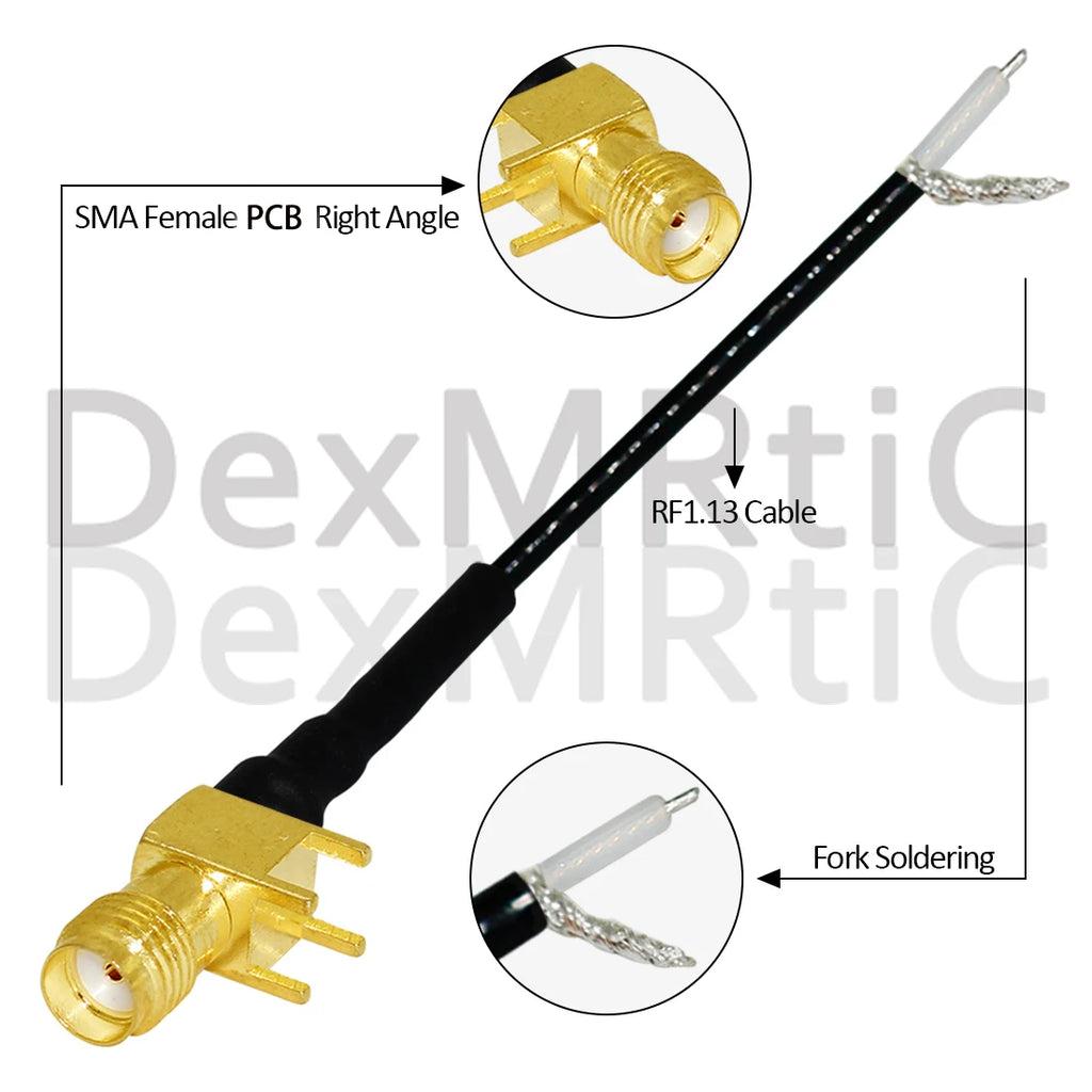 1PC SMA Female Jack Right Angle PCB Connector 1.13mm Cable Other End UFL/ No Connector/Exposed/Fork Soldering 15cm Customized