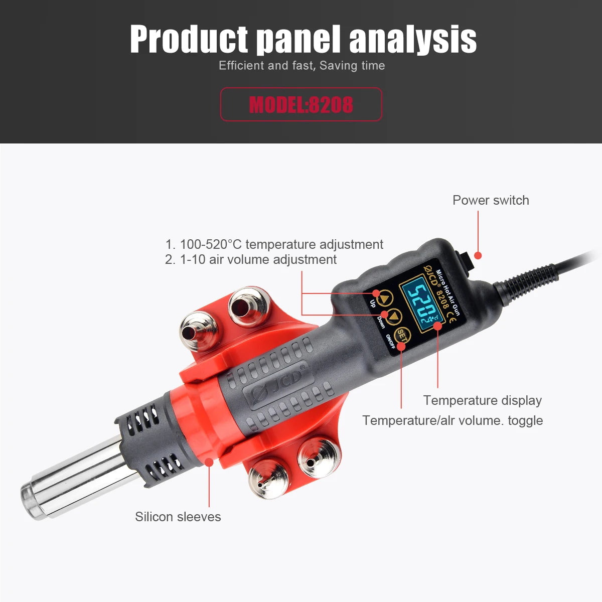 JCD Micro Hot Air Gun 8208 750W Soldering Welding Rework Station LCD Digital Display All-in-one Heat Gun BGA IC Solder Tools
