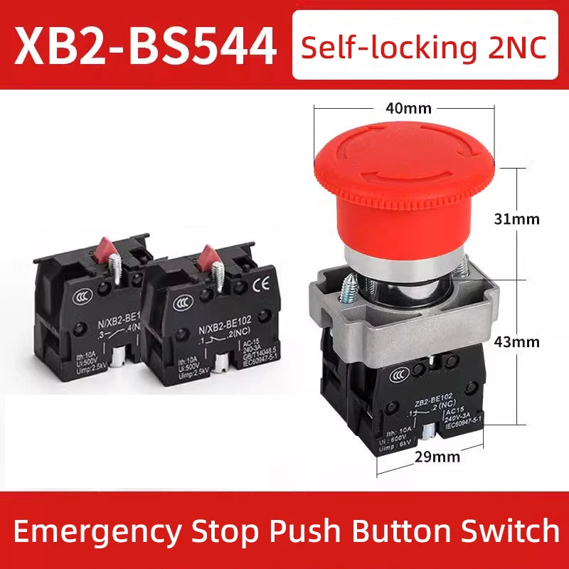 5pcs 22mm Mounting Emergency Stop Button Switch Self-locking XB2-BS545 Rotary Reset Mushroom Head NO NC Brass/Silver Contact