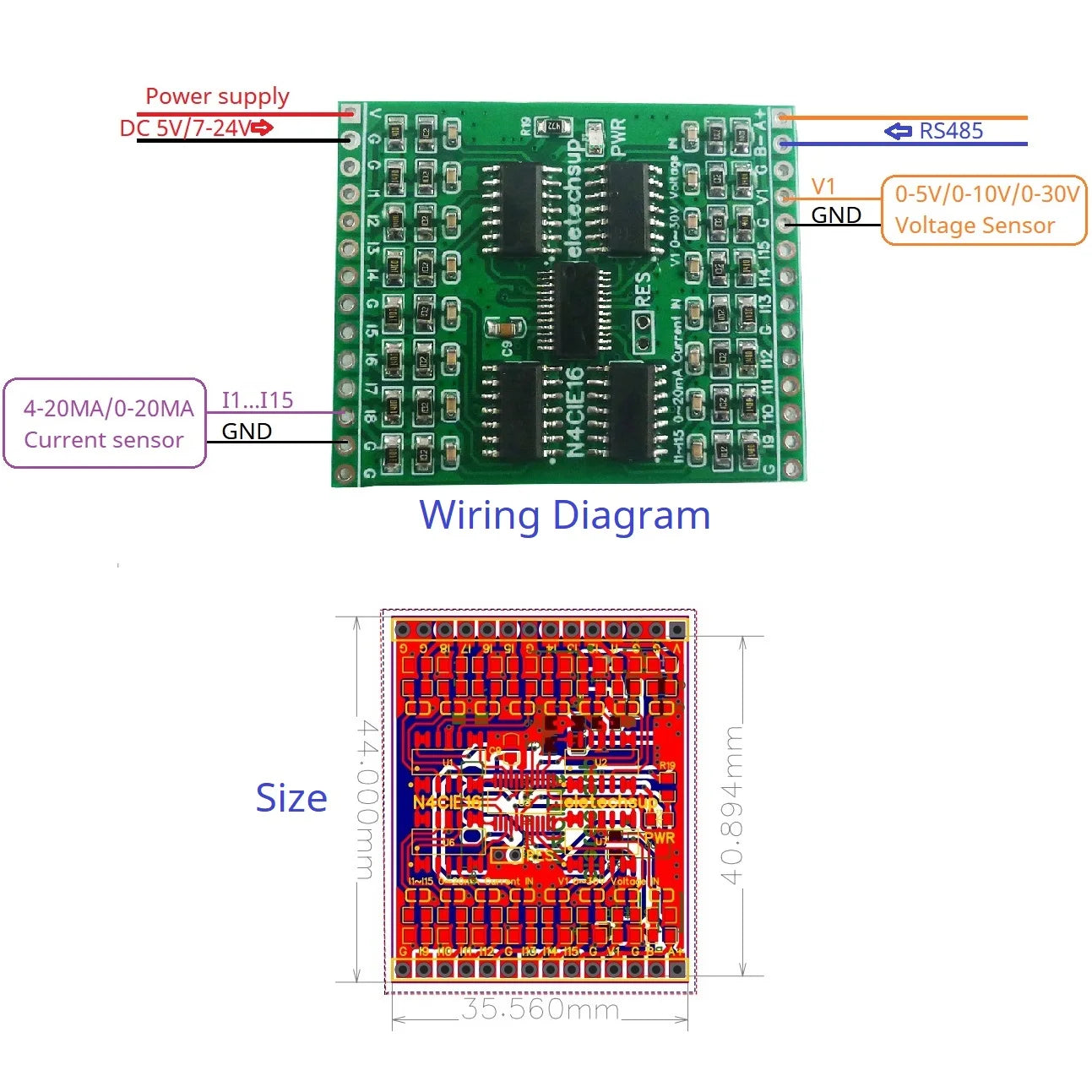 16CH RS485 Analog Input Module 0-5V 0-10V 4-20MA 0-20MA Current Voltage Collector N4VIH16 N4CIE16