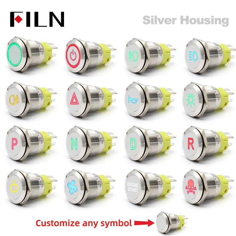 12V 19mm Warning LED Indicator Light Panel Metal Push Button Switch Lock and Momentary on Off with Dash LOGO Symbol