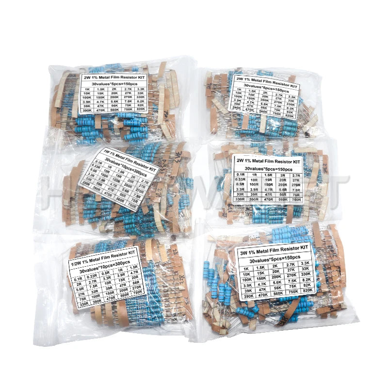 1/2W 1W 2W 3W Resistance 30values 1R~750R 1K~820K Ohm 1% Metal Film Resistor Assortment Kit Set