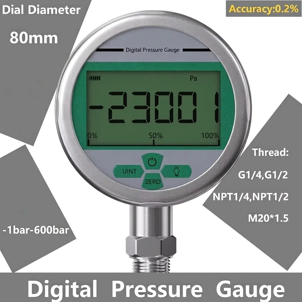 400bar Digital Pressure Manometer -0.1Mpa-60Mpa Digital Pressure Gauge 80mm M20*1.5 0.2% 600bar Pressure Manometer 100Kpa 100bar