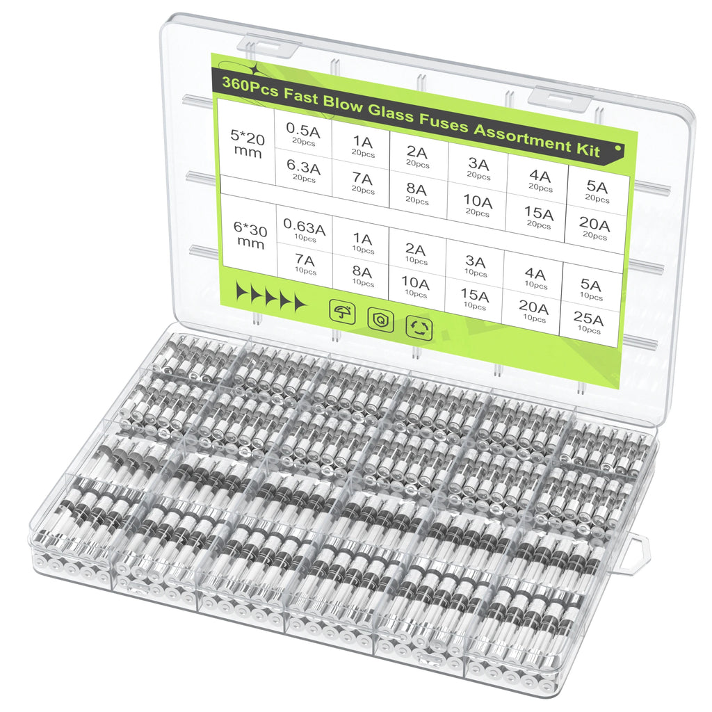 DaierTek 360PCS Fast Blow Glass Fuses Assortment Kit 24 Values Auto Fuses Assortment Kit 250V 0.5A-25A 5x20mm 6x30mm Glass Fuses