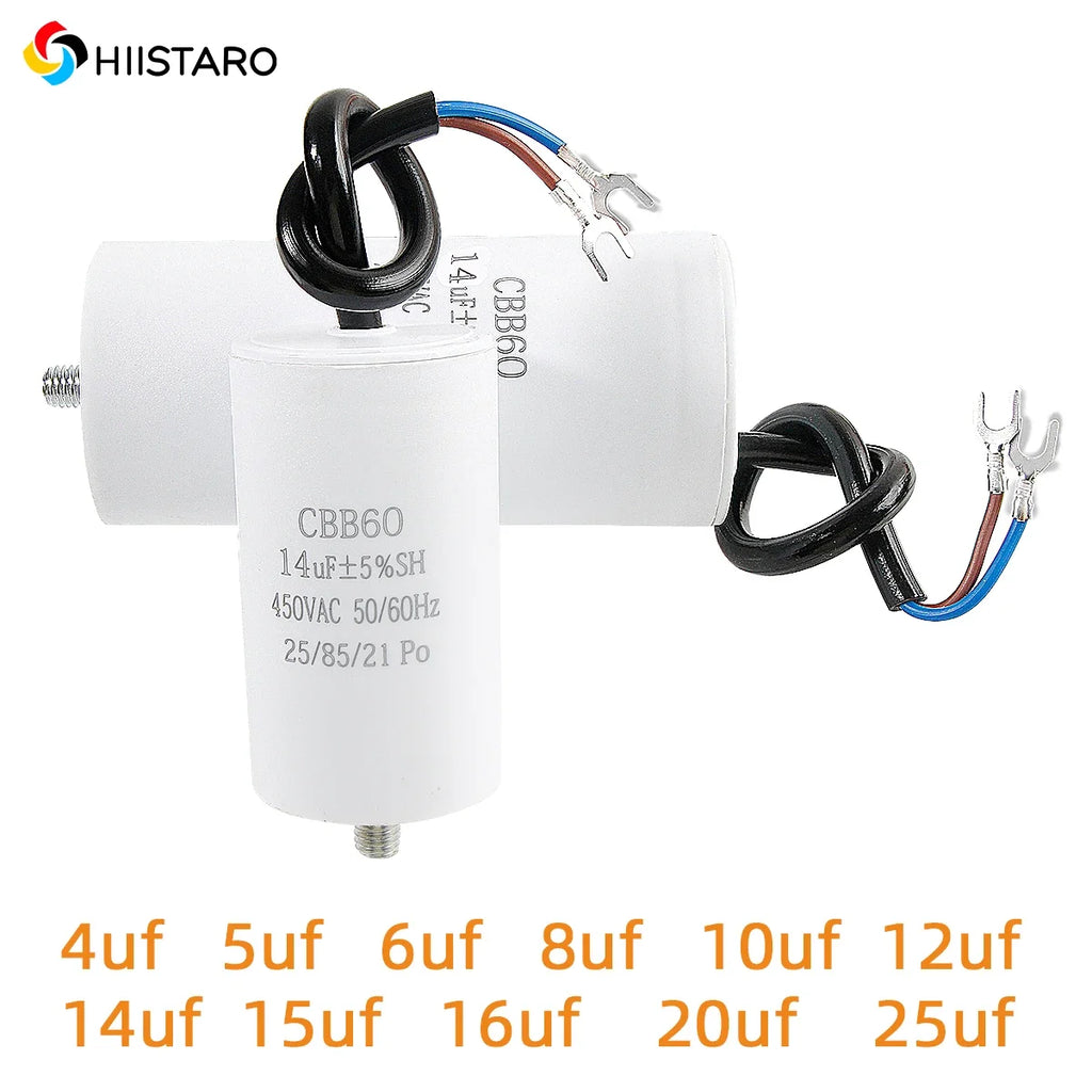 1Pcs CBB60 Motor Run Capacitor 450VAC Lead Wire with Mounting Screw 4~25uF for Water Pump Washing Machine Fan Compressor