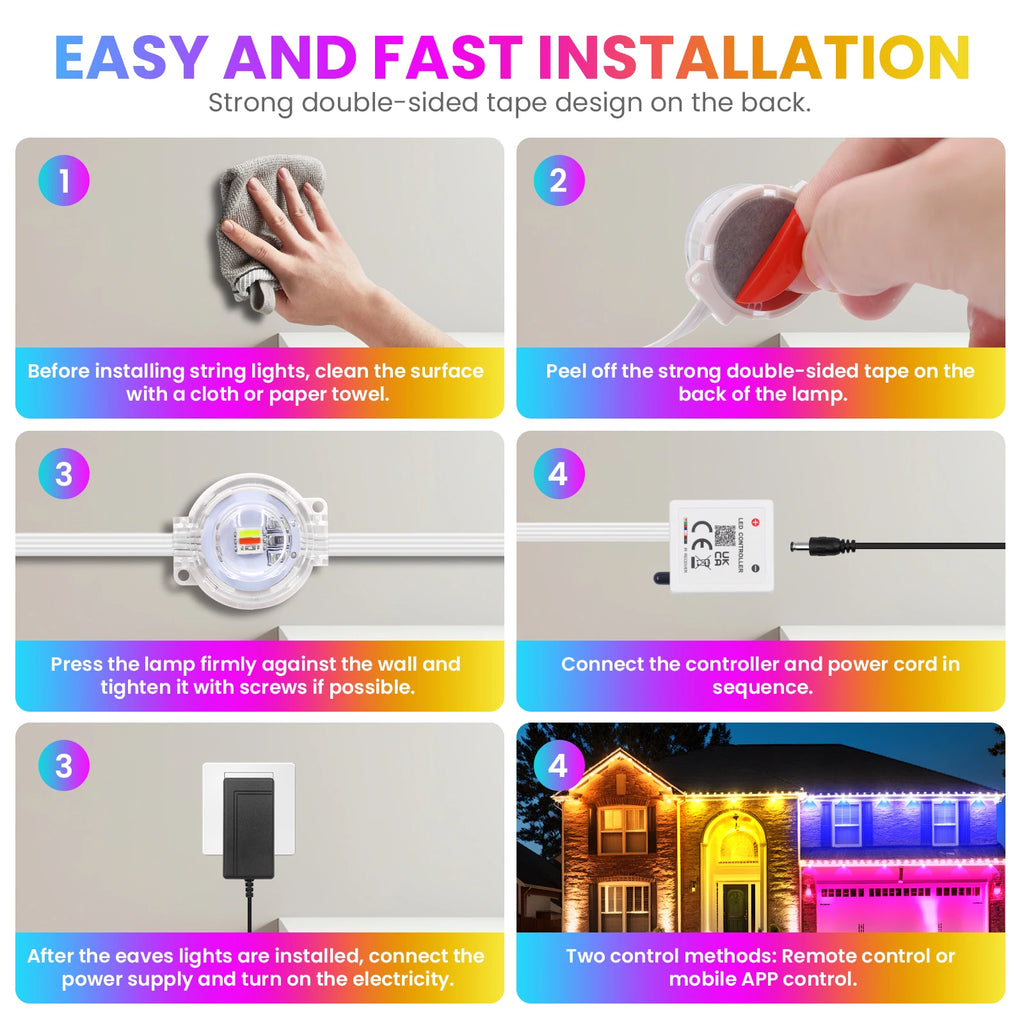 150M 90M 60M 15M Smart RGB Eave Lights IP67 Waterproof APP&Remote Control Timer Dimmable LED String Lights Home Christmas Decor