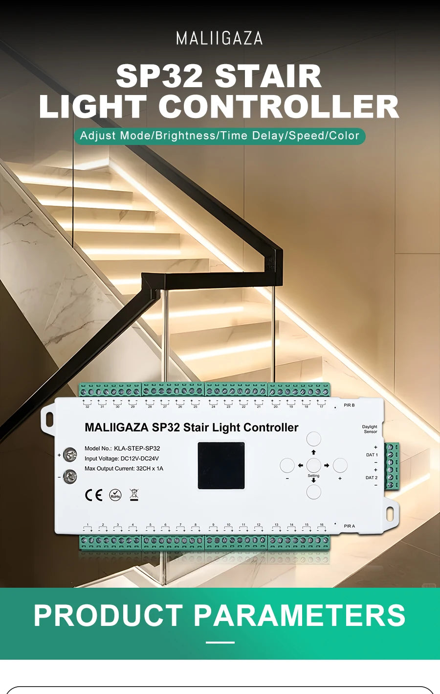Motion Sensor Stair LED Controller 12V 24V Stair Step LED Strip Light Side Pixel Strip Light 1-32 Steps Indoor Stairway Lighting