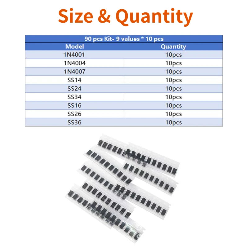 70/90PCS SMD diode 1N4001 1N4004 1N4007 SS14 SS34 SS16 SS36 Schottky diode kit, rectifier diode set M1 M4 M7 SS14 SS34 RS1M US1M