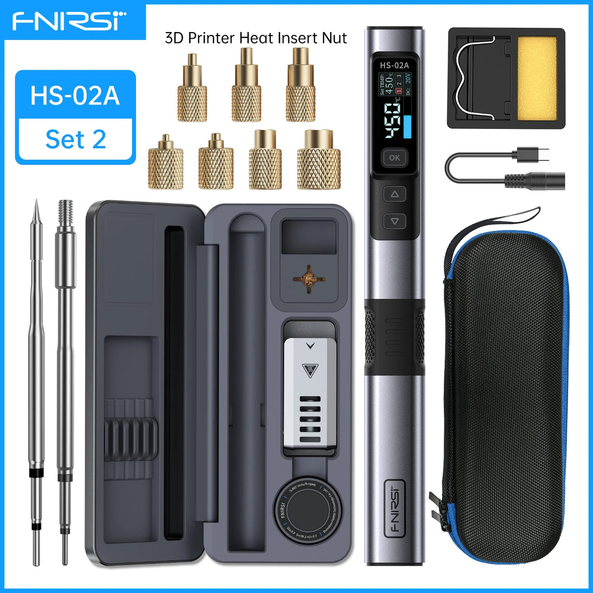 FNIRSI HS-02A Soldering Iron with Heat Insert Nut Tool Kit M2-M8 Embedded Internal Thread Nut and C245 Iron Tip for 3D Printer