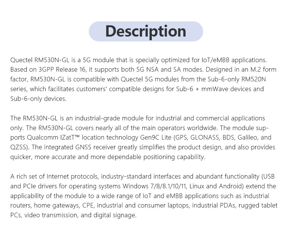 Original Quectel RM530N-GL 5G 4G 3G LTE-A Multi-mode Sub-6G MMWave M.2 Module Multi-constellation GNSS Receiver 3GPP R16