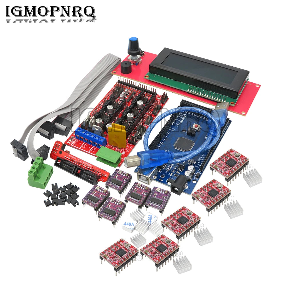 Mega 2560 R3 CH340 +1pcs RAMPS 1.4 Controller +5pcs A4988 DRV8825 Stepper Driver Module+1pcs 2004 controller for 3D Printer kit