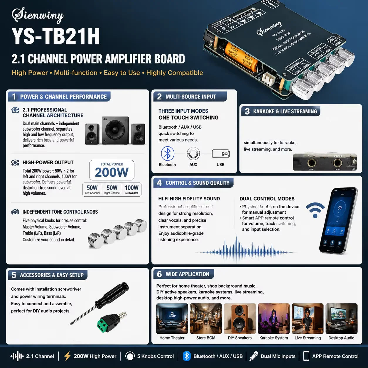 2.1CH Bluetooth Amplifier Board 200W Class D 50W*2+100W Subwoofer Bass Treble USB APP MIC KTV DC12-24V HiFi DIY Speaker