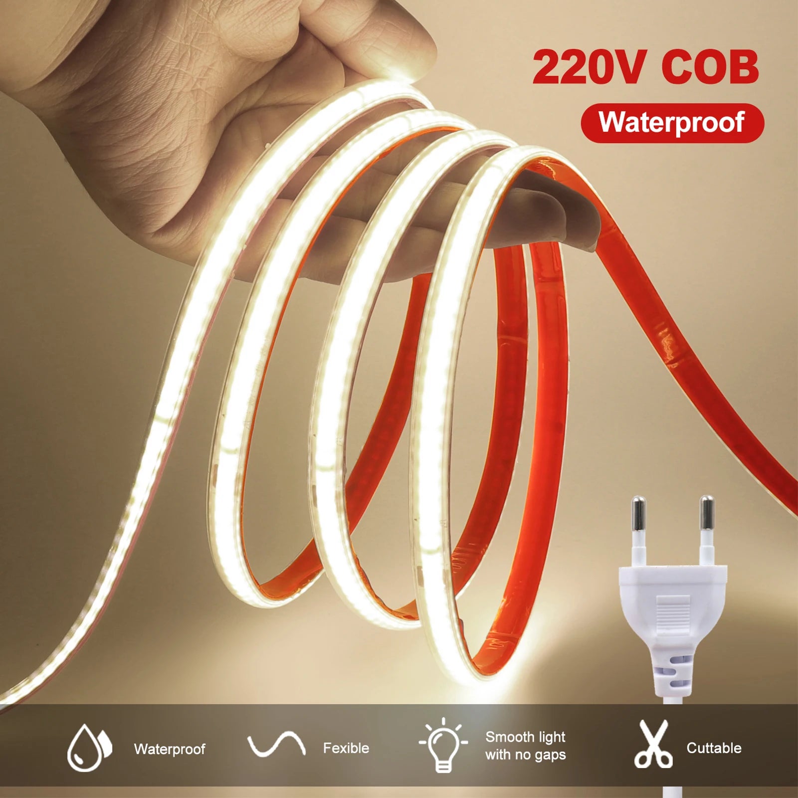 AC 220V COB Strip IP65 Waterproof 10CM Cut 240Leds/M 3000K 4000K 6000K Home Decor Flexible Ribbon Rope Tape LED Light