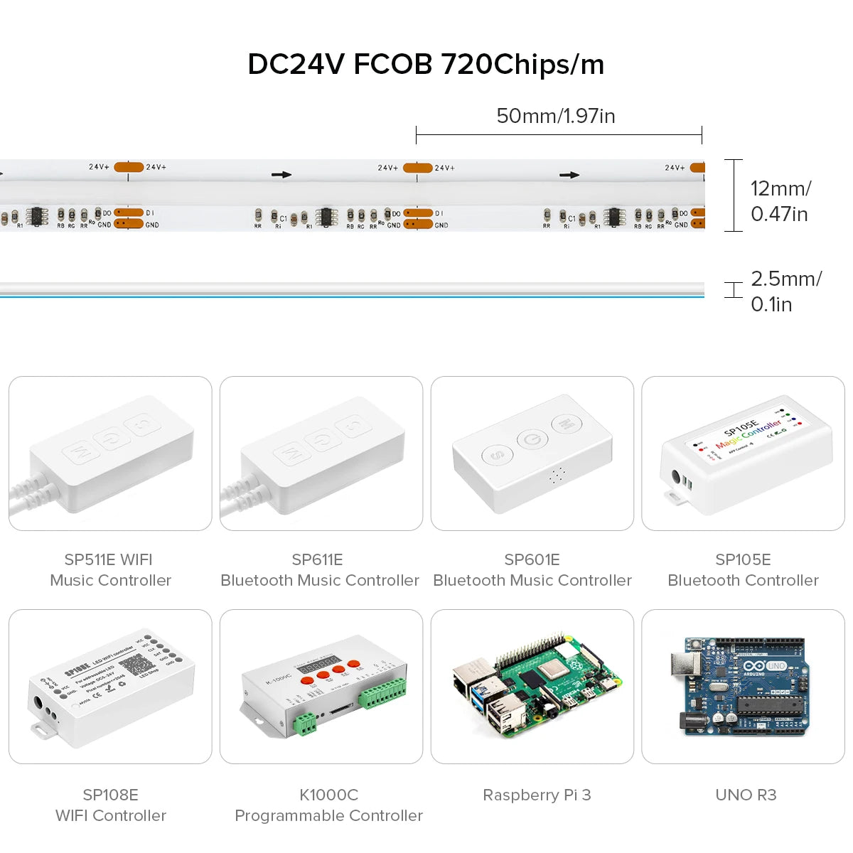 WS2811 Addressable 630 720 LEDs Dream Color FCOB RGB IC LED Light Strip 12mm 12V 24V Flexible WS2812B FOB COB Led Lights RA90