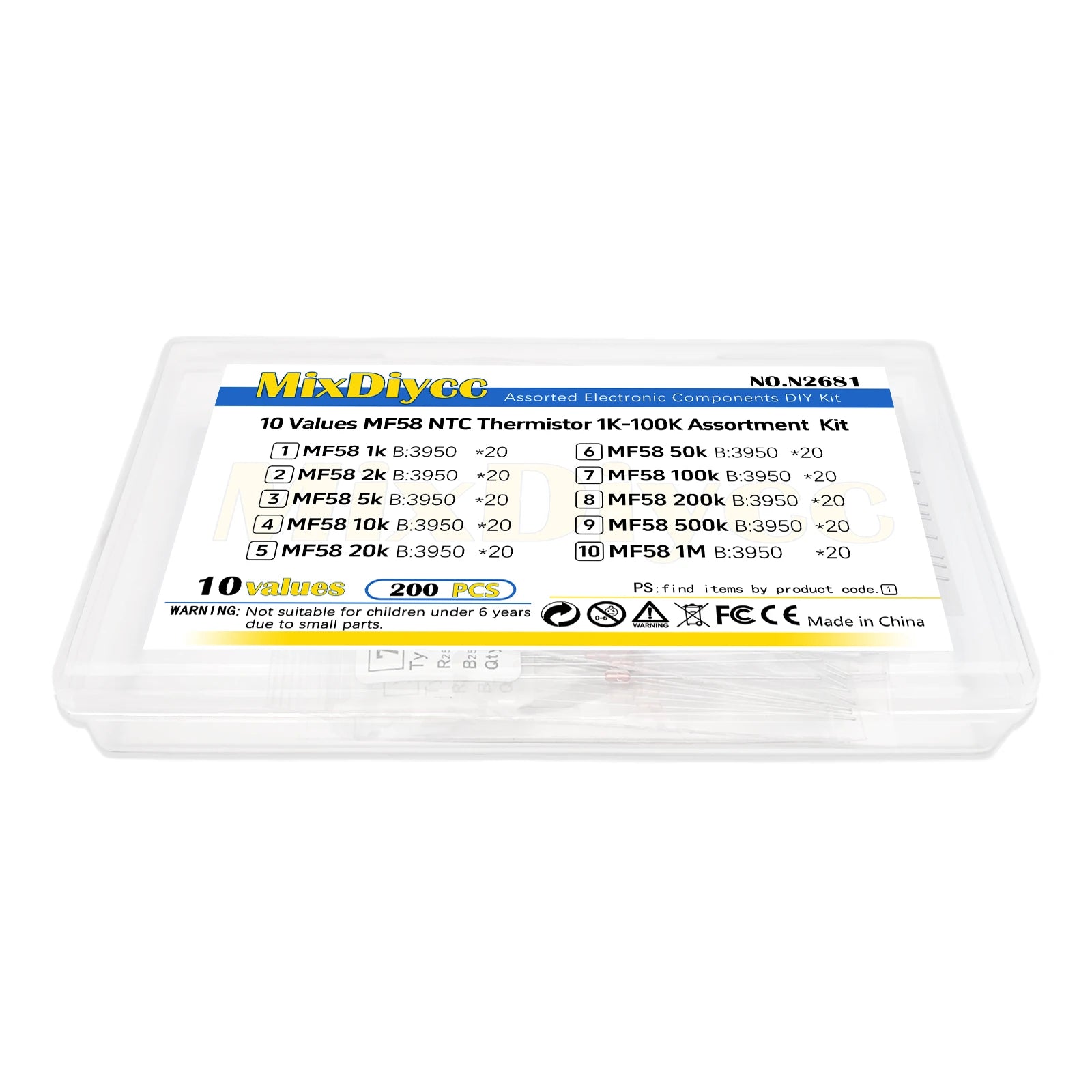 10 values kit Thermal Resistor thermistor NTC MF58 B3950 5% 1K/2K/5K/10K/20K/50K/100K/200K/500K/1M ohm Total 200 pcs