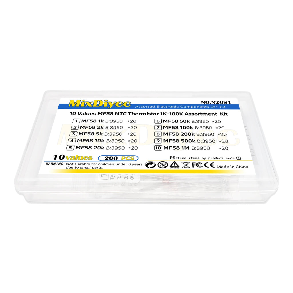 10 values kit Thermal Resistor thermistor NTC MF58 B3950 5% 1K/2K/5K/10K/20K/50K/100K/200K/500K/1M ohm Total 200 pcs