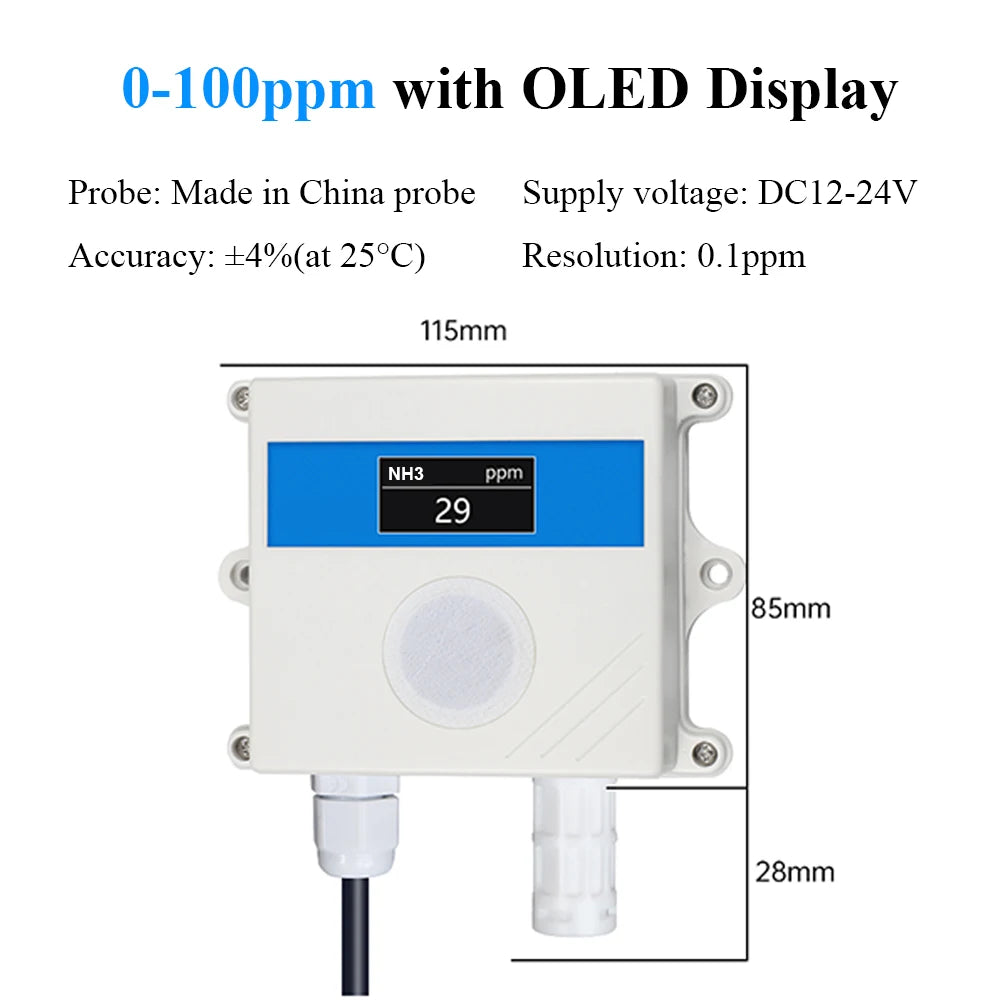 Ammonia Gas Sensor NH3 Concentration Detection High Precision Detector 20ppm 100ppm 500ppm Output RS485 4-20mA 0-5V 0-10V