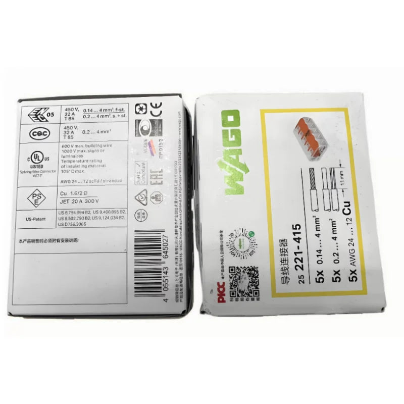 WAGO 221‑412 221‑413 221‑415 221‑612 613 615 221‑2411 2401 Box‑Packed Lever Wire Connector Quick Push‑in Splice Terminal Block