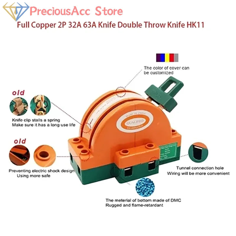 2 Pole Disconnect Switch DPDT 32A 63A 100A Knife Type Safety Power Cutoff Isolator Electrical Control Device