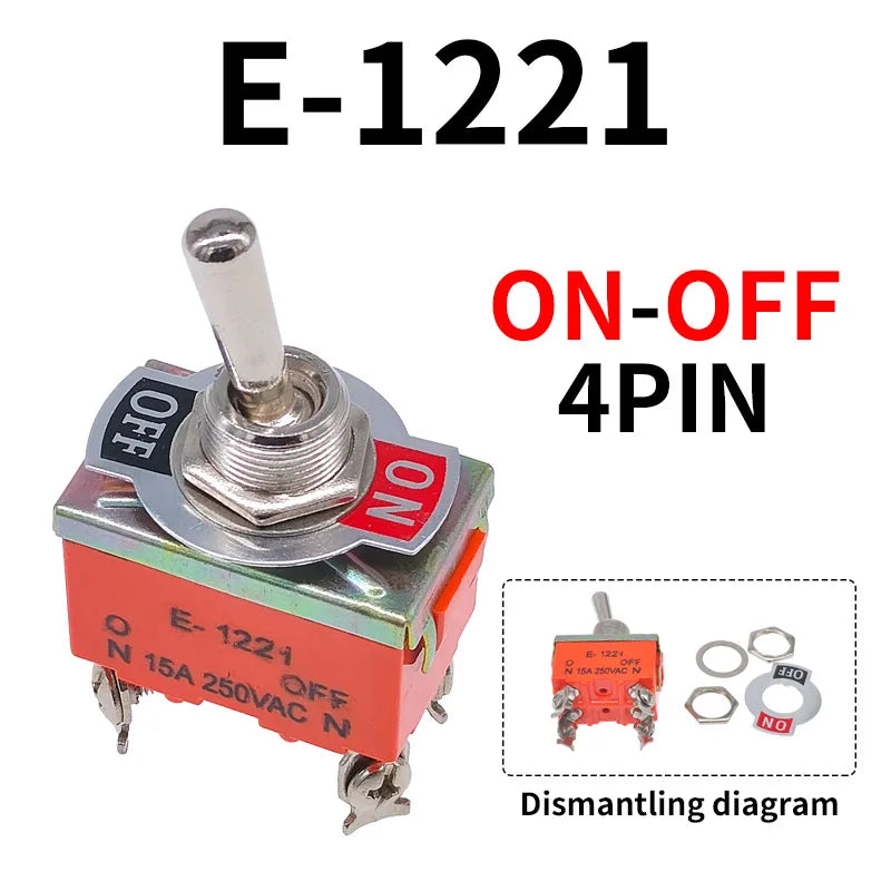 Toggle Switch SPST DPDT 250V 15A 2 3 Position Latching ON-OFF ON-ON ON-OFF-ON E-1322 1021 1122 1121 1221 1321 Cap Waterproof